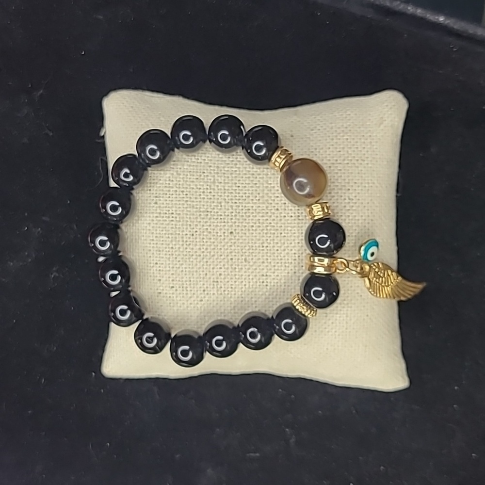 Bracelet Black Beads Gold Tone Angel Wing Evil Eye Blue White Protection Unique - Picture 3 of 5